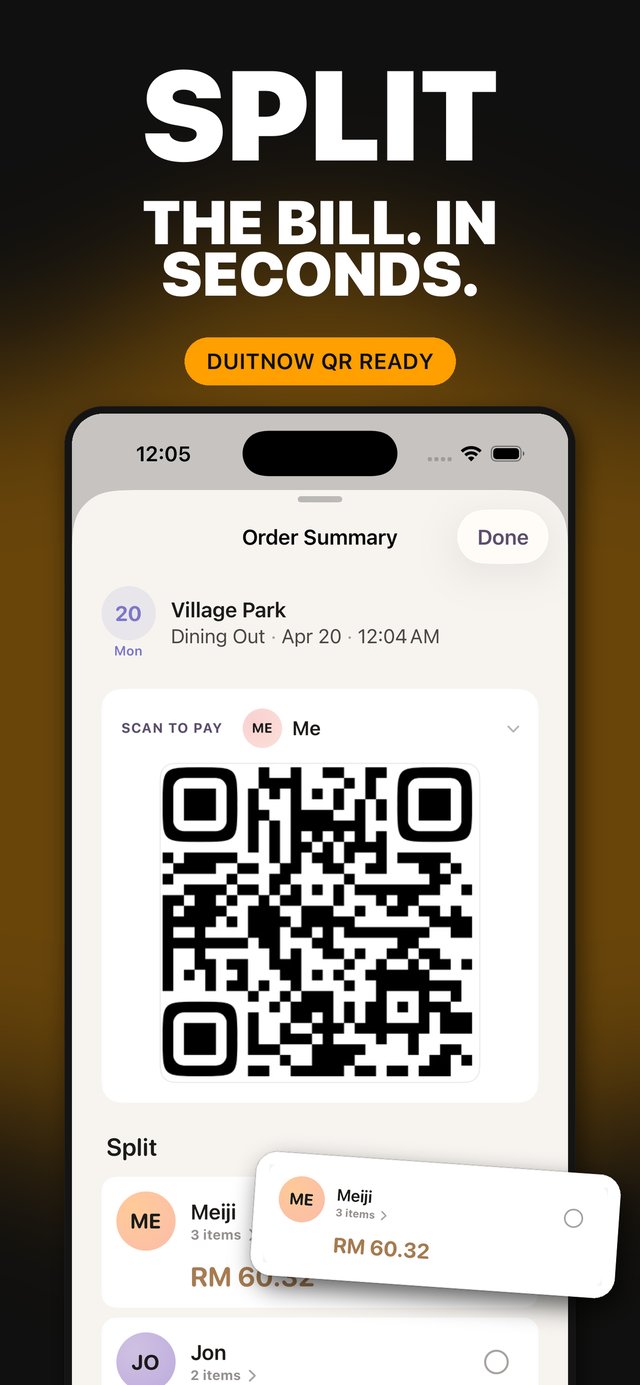 App Store screenshot — Split bills down to the last cent: editing a receipt with per-item taxes and charges
