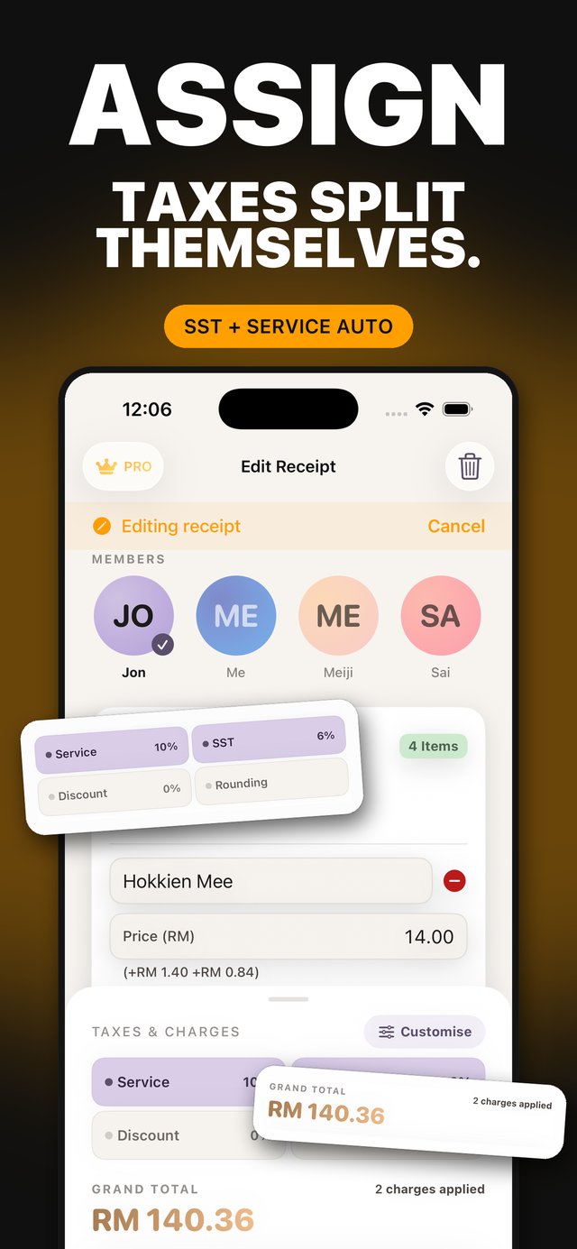 App Store screenshot — Assign items and taxes split themselves: SST and service charge calculated automatically