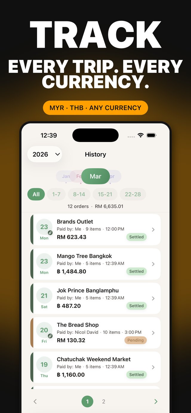 App Store screenshot — Track every trip in every currency: order history with MYR and THB bills