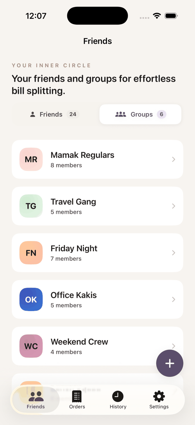 Bayarsama Friends screen — Groups tab showing Mamak Regulars, Travel Gang, Friday Night and more saved groups