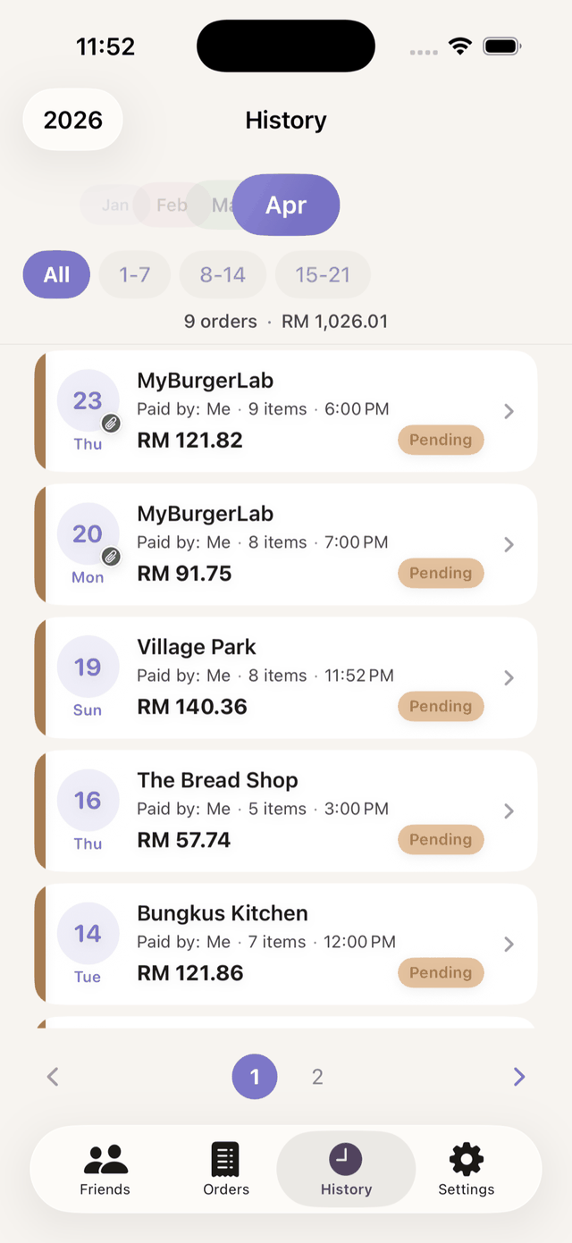Bayarsama History screen — April 2026 showing saved orders with restaurant names, amounts, and payment status