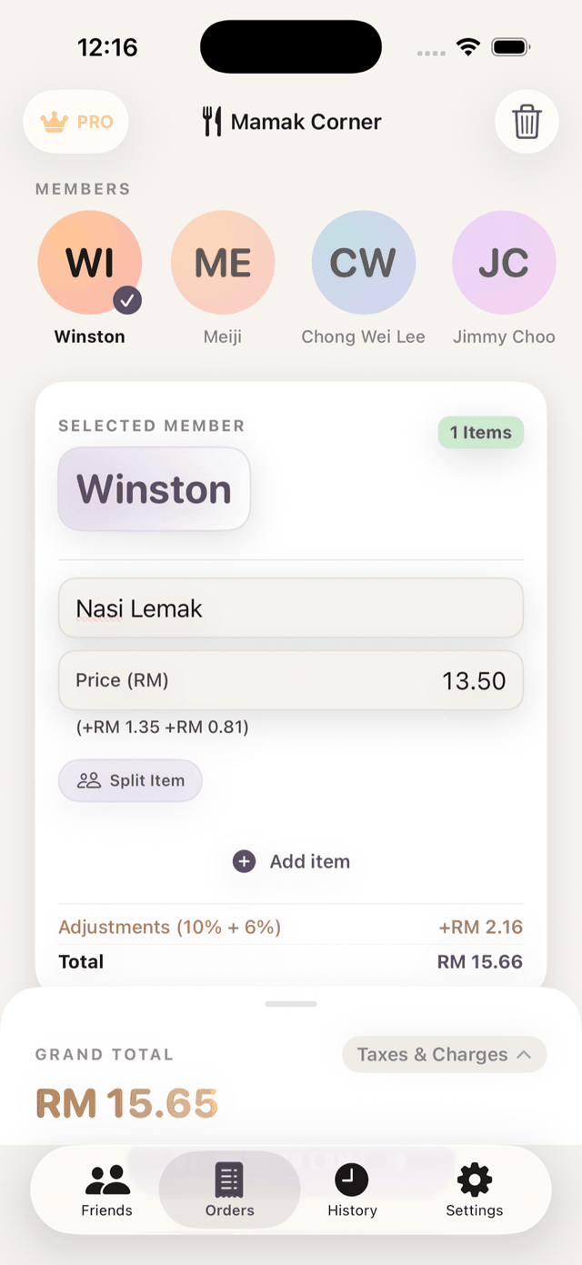 Bayarsama Orders screen — entering Nasi Lemak with automatic service charge and SST calculations
