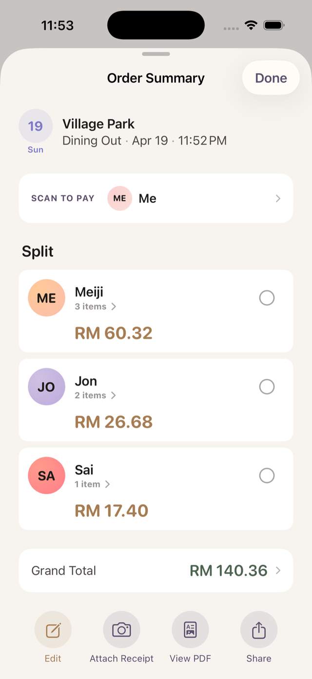 Bayarsama Order Summary — Scan to Pay showing QR code payment profile automatically attached to the split